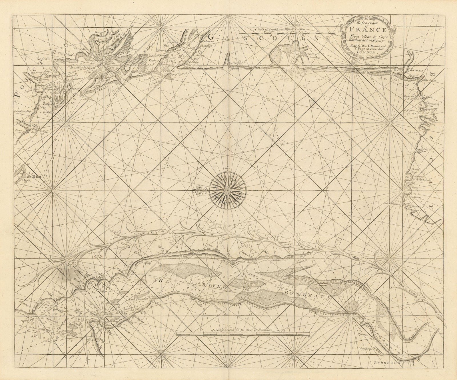 The Sea Coasts of France from Olone to Cape Machiacaca. MOUNT & PAGE 1758 map